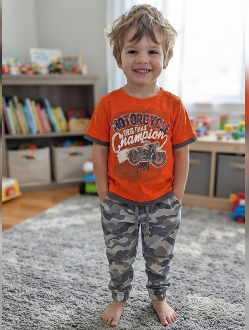 4T Orange Motorcycle Graphic Tee and Gray Camo Pants Set